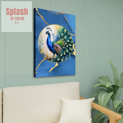 Elegant Whimsical Floral Watercolor Peacock, Royal Blue With Gold Accents Canvas Art - Splash of Color co.