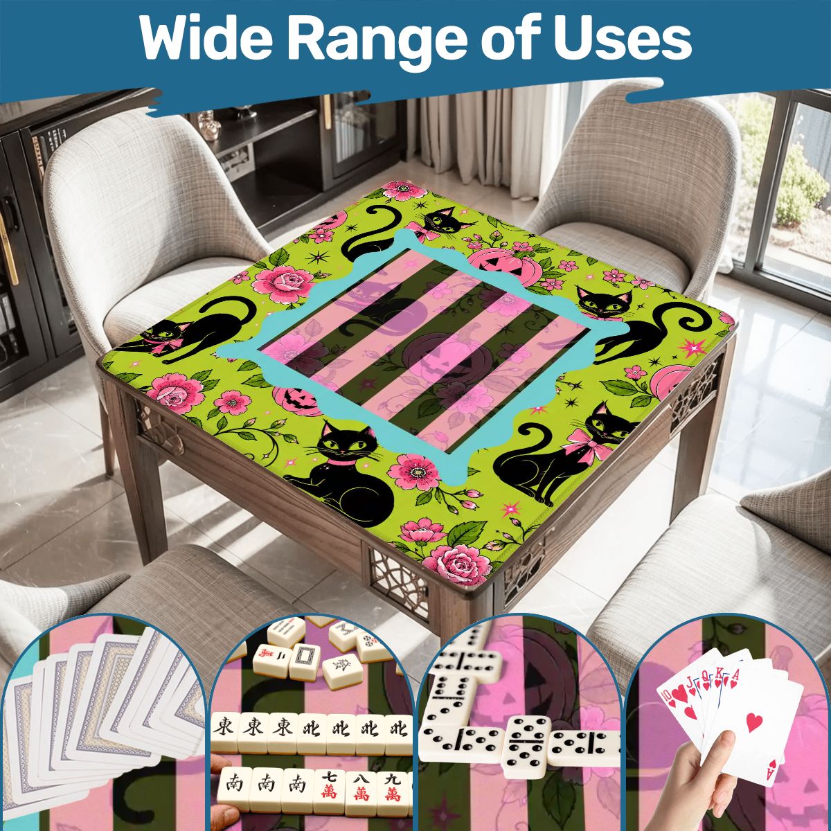 Halloween Kitty Cat Brigade Green And Pink Mahjong Mat - Splash Of Mahj And Color Co.