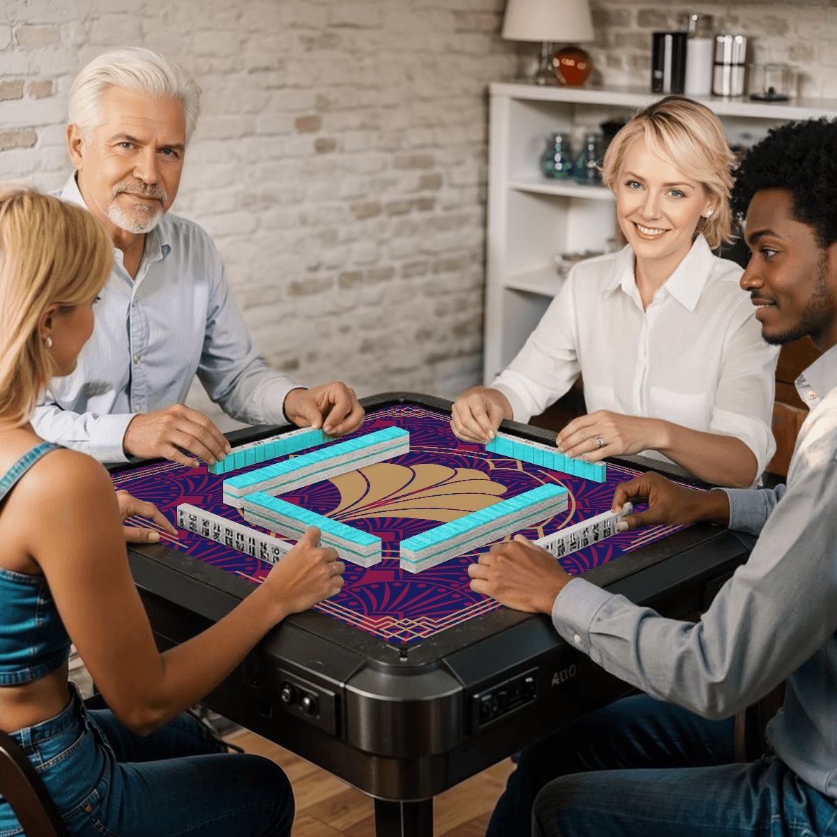 Art Deco Mahjong Mat, Blue Burgundy Gold Gilded - Splash of Color Co.