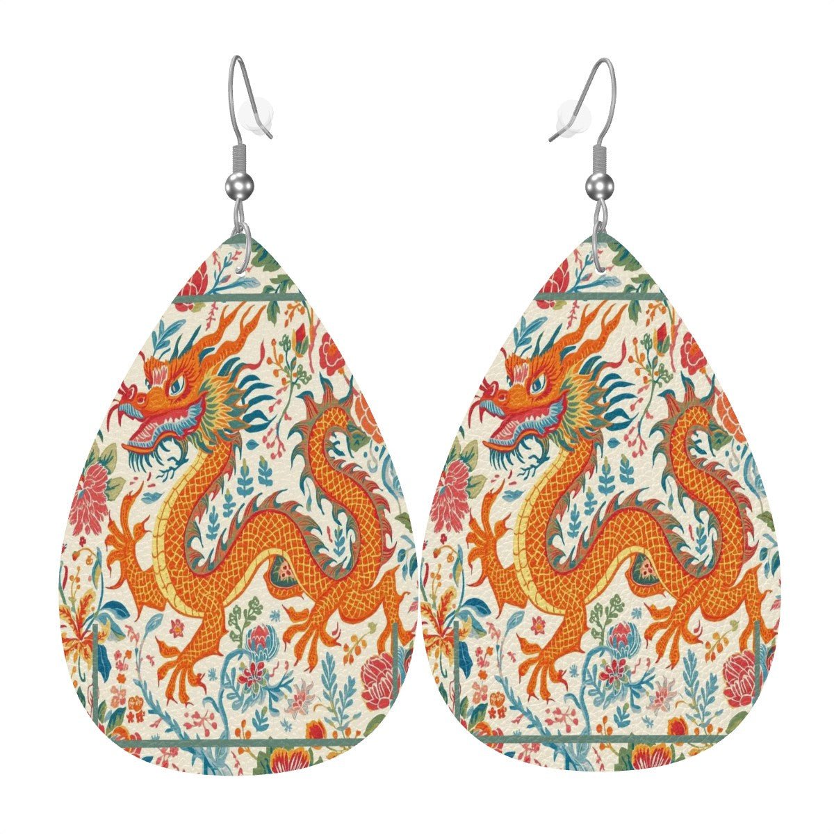 Floral Chinoiserie Dragon Leather Teardrop Earrings - Splash of Color Co.