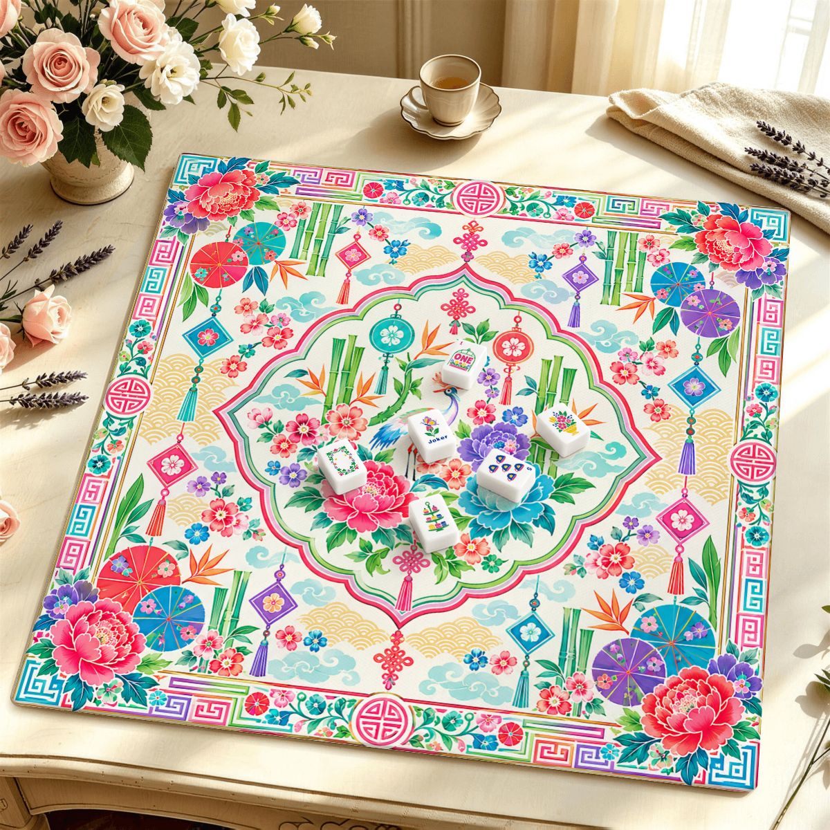 Peony & Parasol Mahjong Mat Sleek Surface - Splash Of Mahj And Color Co.