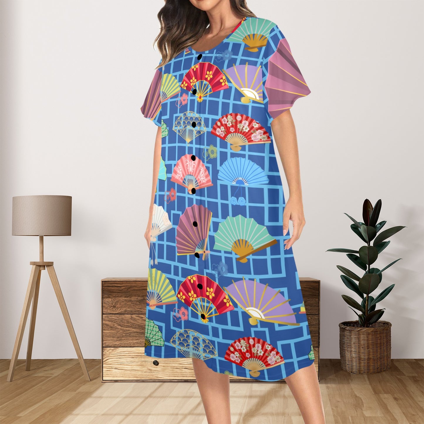 Mahjong Muumuu Dress, Asian Fans Blue Geometric Whimsical Pattern - Splash of Color Co.