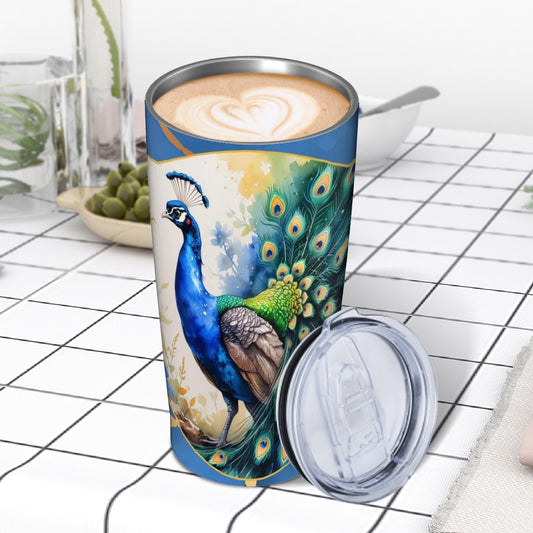 Floral Peacock Watercolor Blue And Gold Marbled Stainless Steel Insulated Tumbler