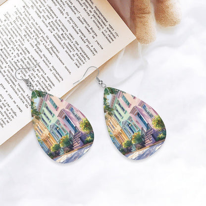 Charleston South Carolina Rainbow Row Leather Teardrop Earrings - Splash of Color Co.