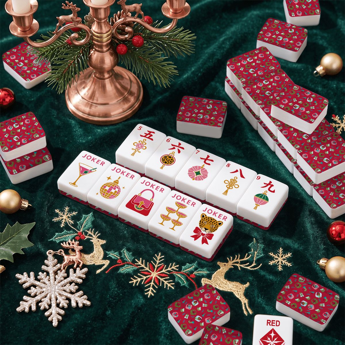 Modcentric Cocktail Hour Glam Holiday Christmas Mahjong Tiles And Carry Case