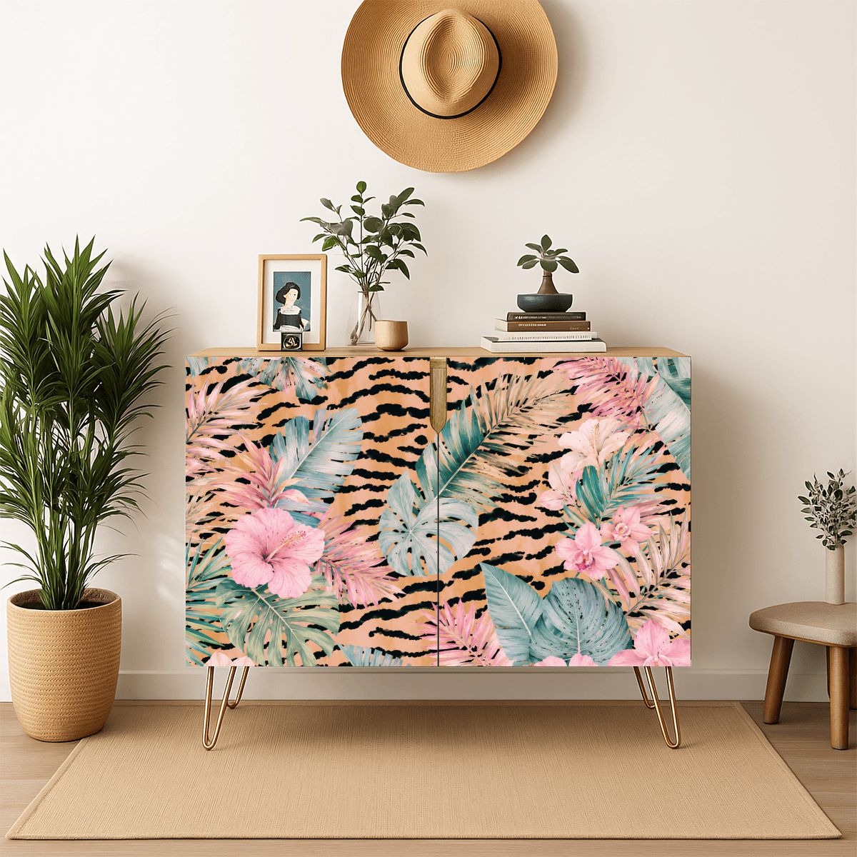 Tiger Jungle Print Mahjong Storage Cabinet Wooden - Splash Of Mahj And Color Co.