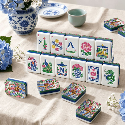 Garden Party Gone Wild Monkey Chinoiserie Chic American Mahjong Tiles And Carry Case - Splash Of Mahj And Color Co.