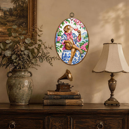 Monkey Garden Party Mahjong Chinoiserie Vintage Oval Wall Art Framed Canvas Print - Splash Of Mahj And Color Co.