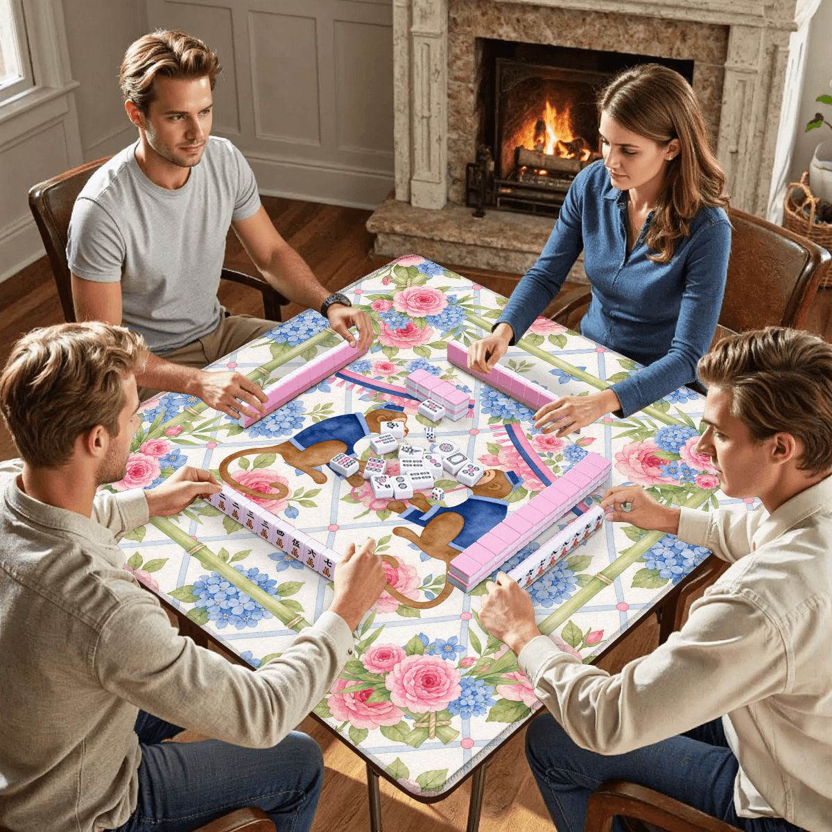 Mahjong Monkey Floral Infusion Hydrangeas Blue And Pink Mahjong Mat - Splash of Color Co.