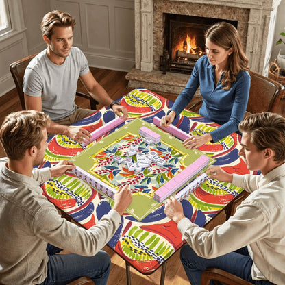 Mahjong Mat, Coral Blue Abstract Floral Modern Mahjong Mat