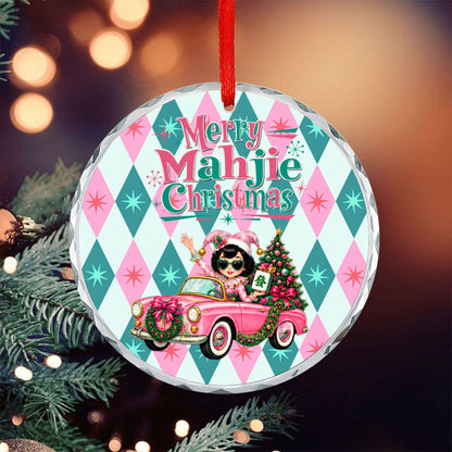 Merry Mahjie Christmas Pink And Teal Harlequin Round Glass Christmas Ornament
