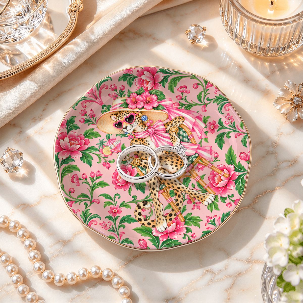 GrandMillenial Chic Leopard Round Scalloped Ceramic Mahjong Dice Tray - Splash Of Mahj And Color Co.