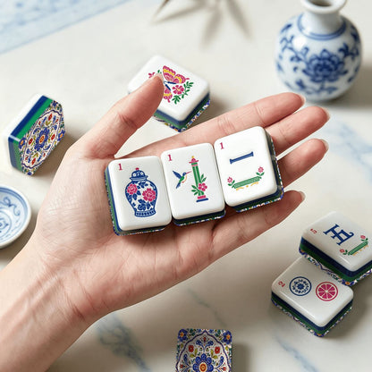 Blue Polish Pottery Porcelain Chinoiserie Chic American Mahjong Tiles And Carry Case