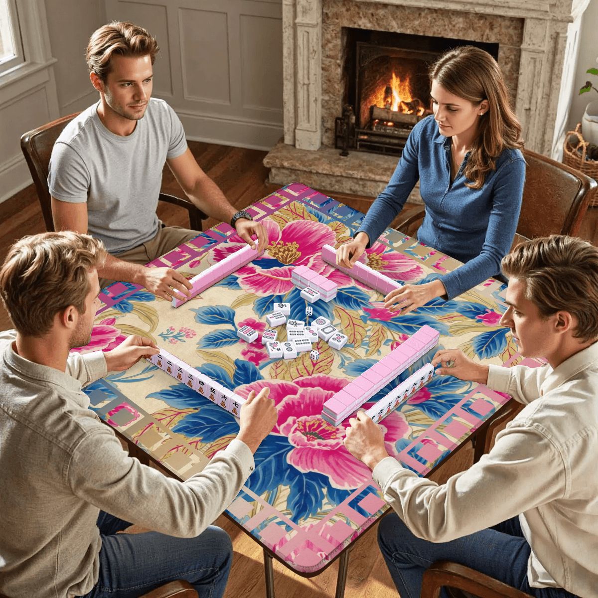 The Secret Garden Floral Pink, Blue Mahjong Mat - Splash of Color Co.