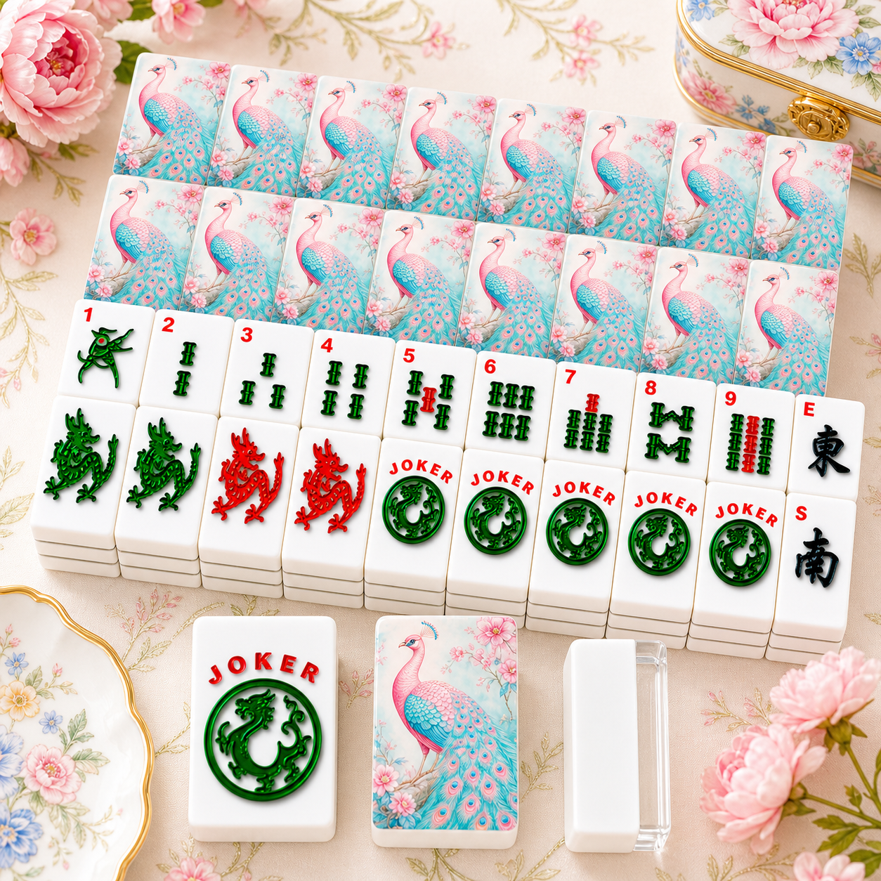 Pretty Pastel Peacock Chinoiserie Cherry Blossom American Mahjong Tiles And Carry Case Bundle - Splash of Color Co.