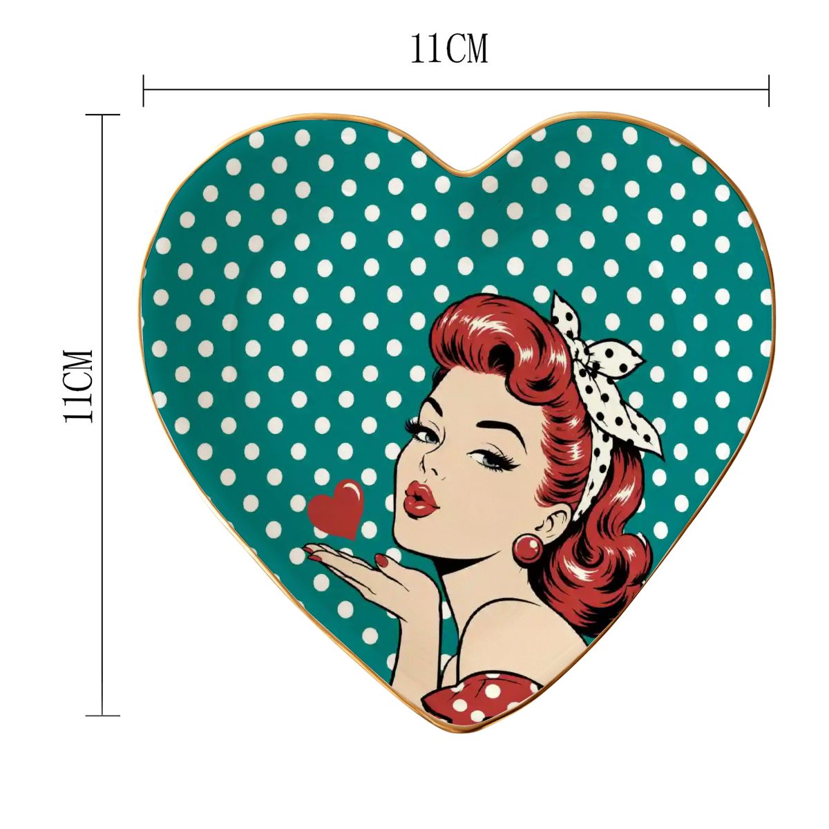 50s Modcentric Teal Polka Dot Heart Ceramic Mahjong Dice Tray