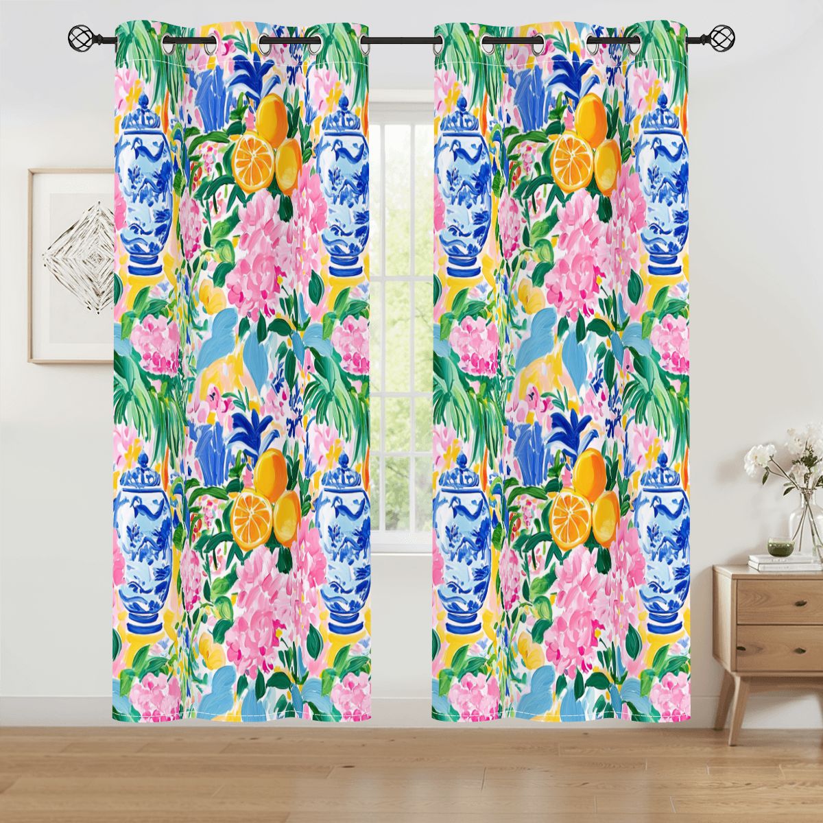 Preppy Floral Asian Chinoiserie Pink Blue Orange Citrus Blackout Curtain Panels - Splash of Color Co.