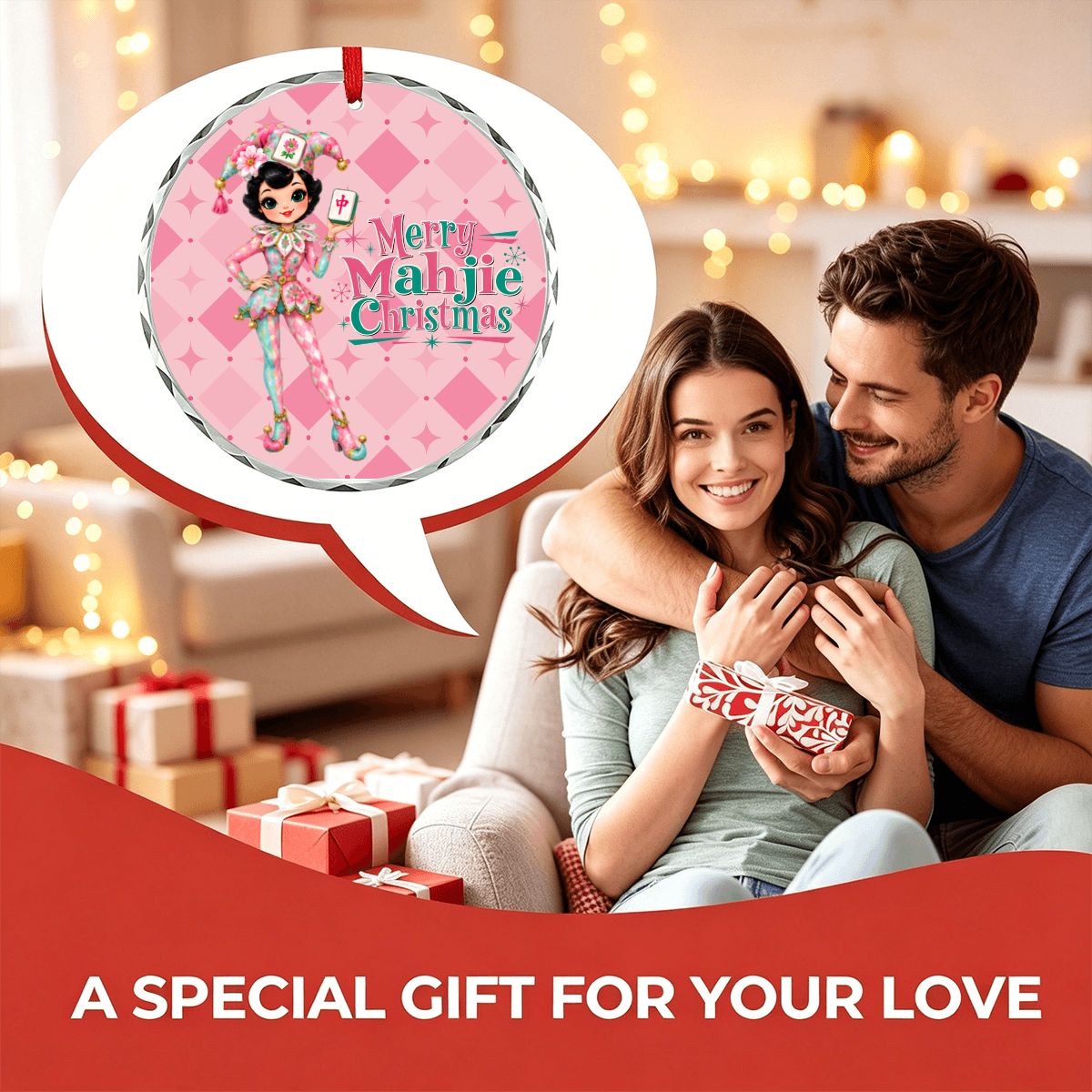 Merry Mahjie Christmas Pink Harlequin Round Glass Christmas Ornament