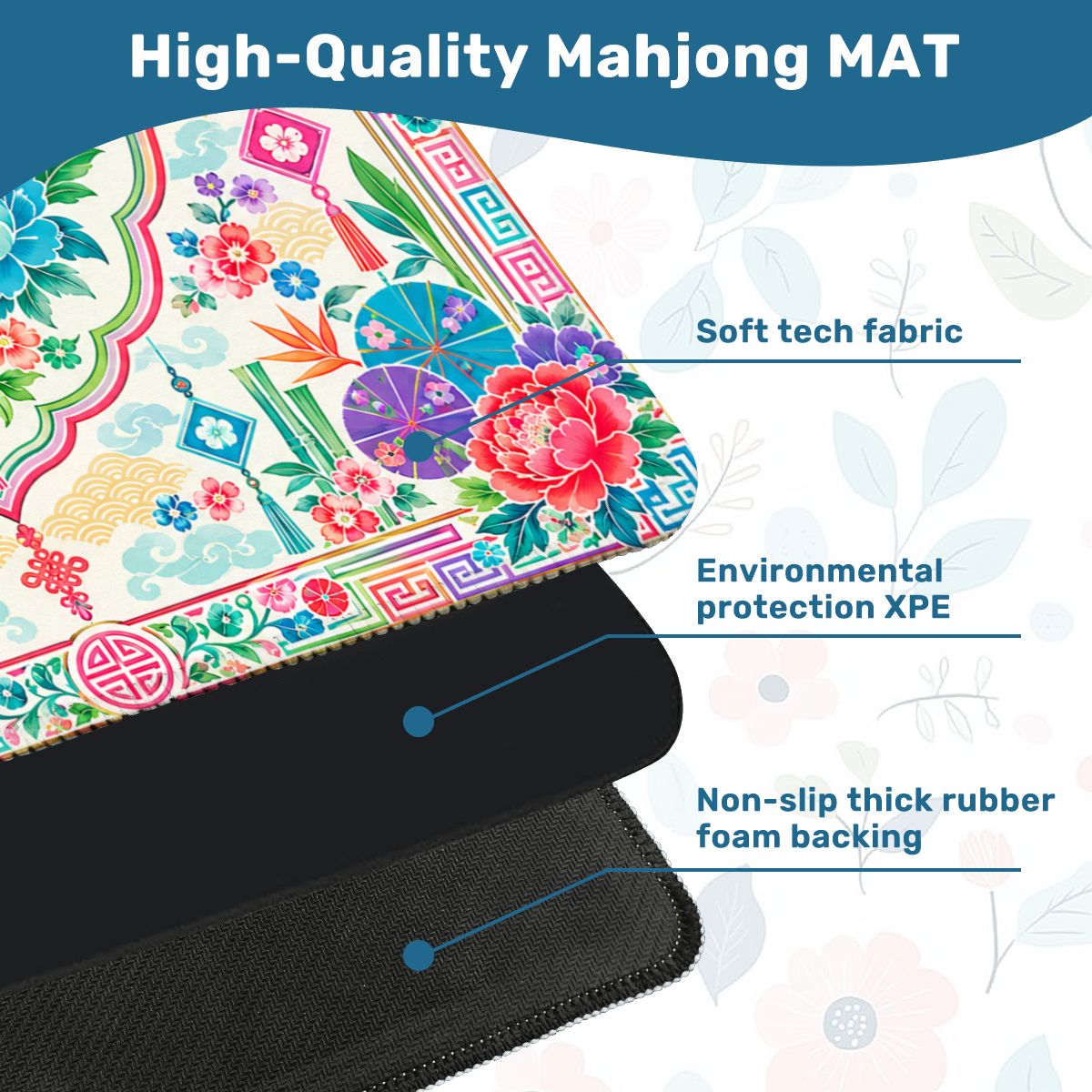 Peony And Parasols Custom Mini Mahjong Mat 20.9"x20.9" - Splash Of Mahj And Color Co.