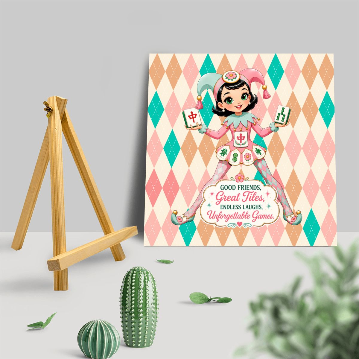 Mahjie The Mascot Harlequin Designed Whimsical Fun Wood Block Sign Art