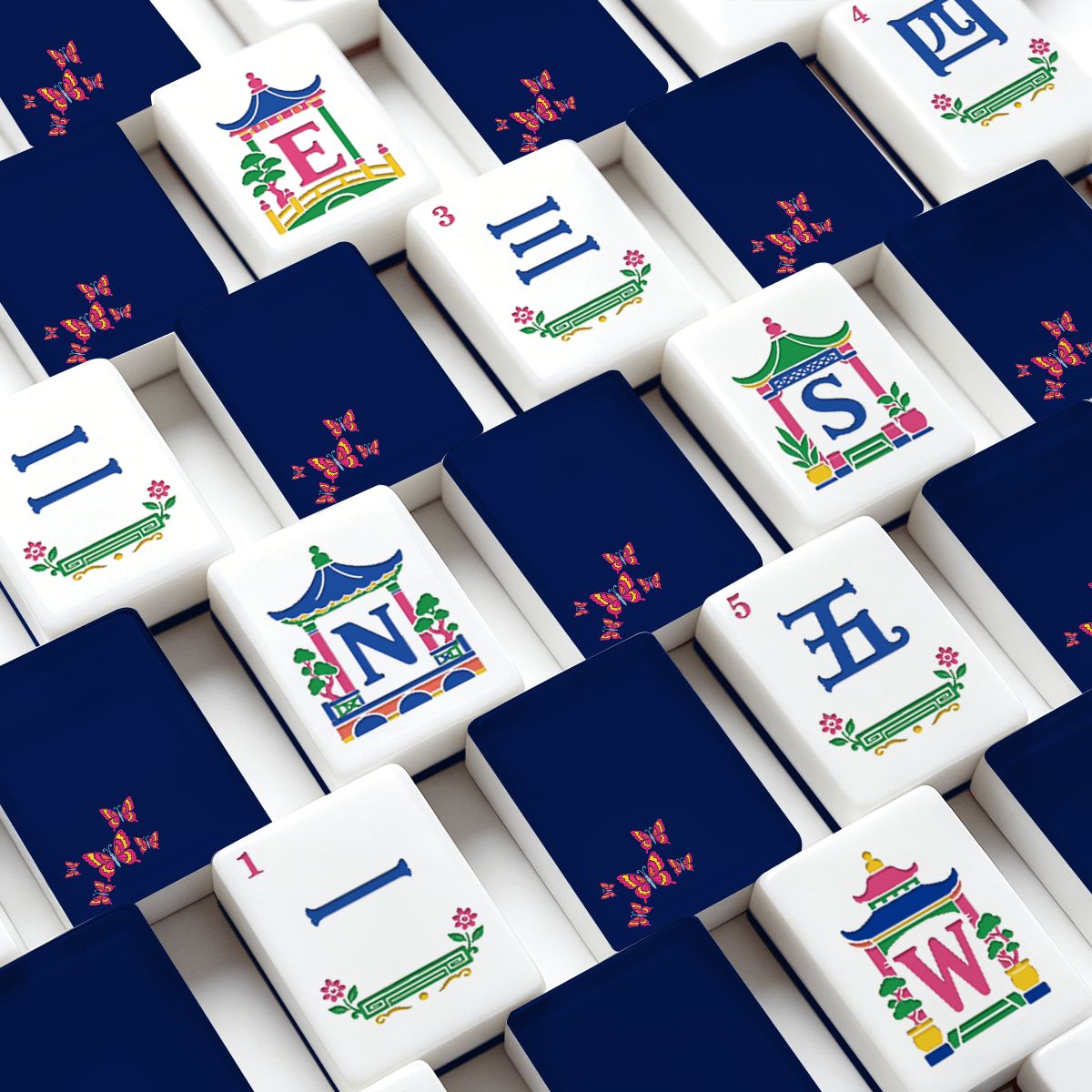 Royal Blue Butterfly Chinoiserie Engraved Mahjong Tiles And Carry Case - Splash Of Mahj And Color Co.