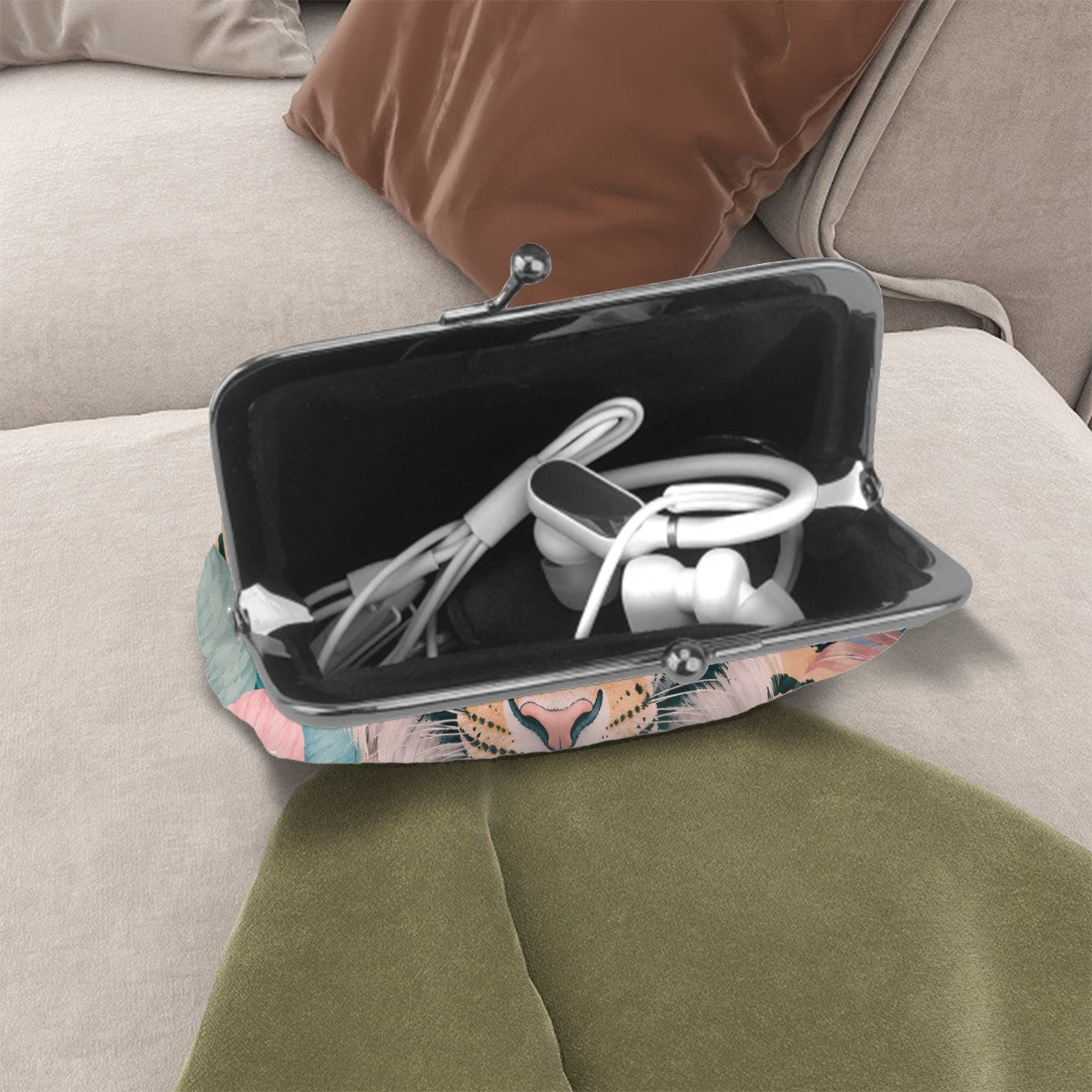 Eye of The Tiger Floral Print Women's Leather Kiss Lock Coin Purse