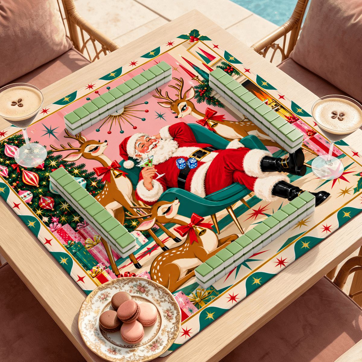 Santa Baby’s Cocktail Hour Mahjong Mat Sleek Surface - Splash Of Mahj And Color Co.