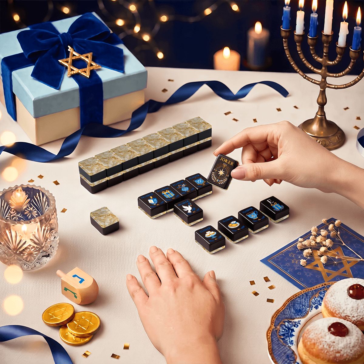 Gold Gilded Marbled Starry Night Hanukkah Mahjong Tiles And Carry Case
