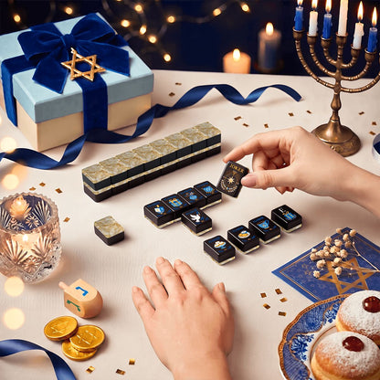 Gold Gilded Marbled Starry Night Hanukkah Mahjong Tiles And Carry Case