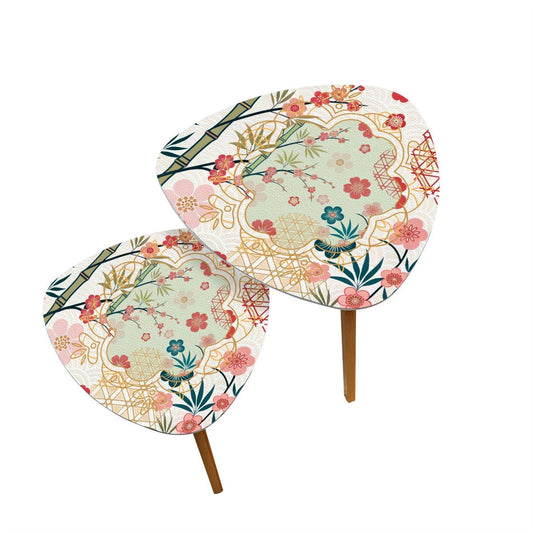 Cherry Blossom Bamboo Designed Asian Zen Triangle Nesting Coffee Table Set of 2 - One Size - Home Accessories