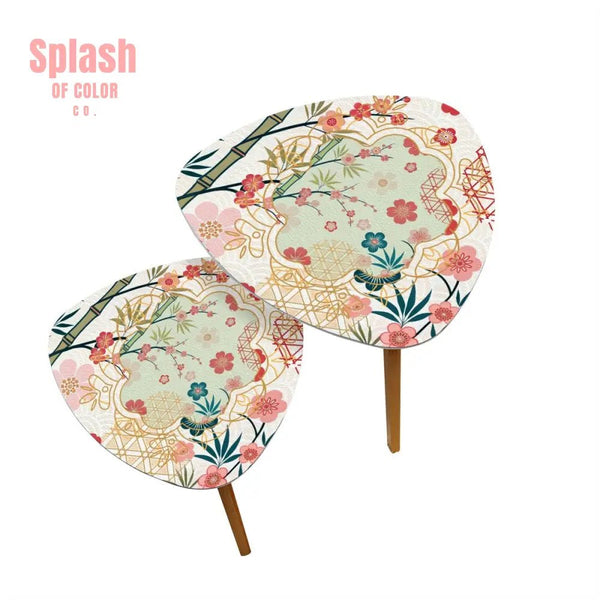 Cherry Blossom Bamboo Designed Asian Zen Triangle Nesting Coffee Table Set of 2 - One Size - Home Accessories