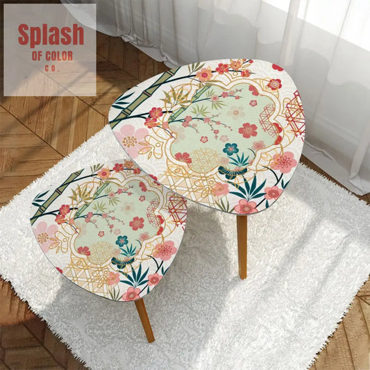 Cherry Blossom Bamboo Designed Asian Zen Triangle Nesting Coffee Table Set of 2 - One Size - Home Accessories