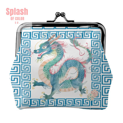 Chinese Dragon Greek Key Teal Whimsical Modern Women’s Leather Kiss Lock Coin Purse - 4.5’’x4.1’’ - Wallet