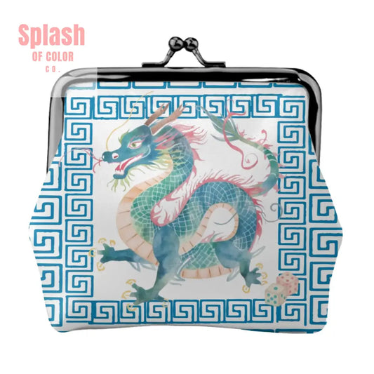 Chinese Dragon Greek Key Teal Whimsical Modern Women’s Leather Kiss Lock Coin Purse - 4.5’’x4.1’’ - Wallet
