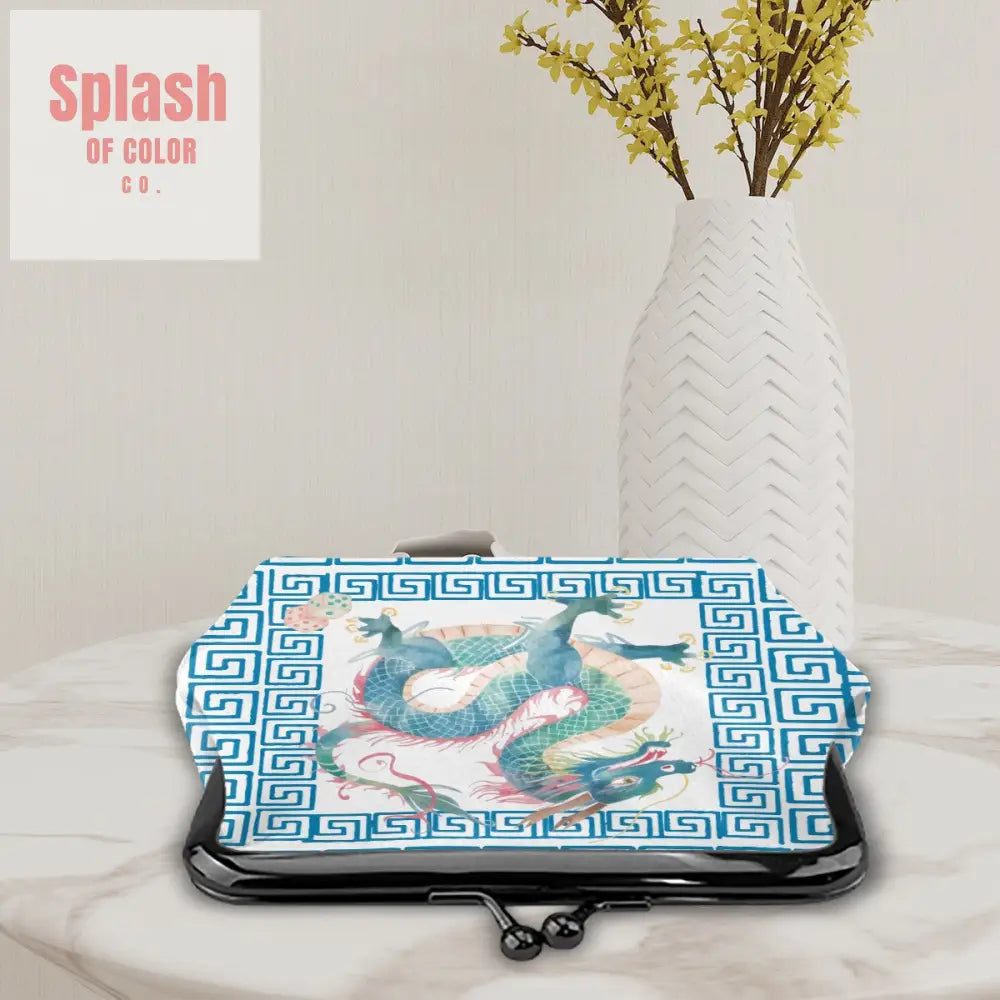 Chinese Dragon Greek Key Teal Whimsical Modern Women’s Leather Kiss Lock Coin Purse - 4.5’’x4.1’’ - Wallet