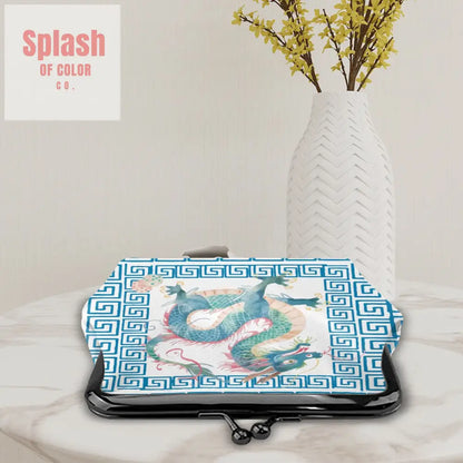 Chinese Dragon Greek Key Teal Whimsical Modern Women’s Leather Kiss Lock Coin Purse - 4.5’’x4.1’’ - Wallet