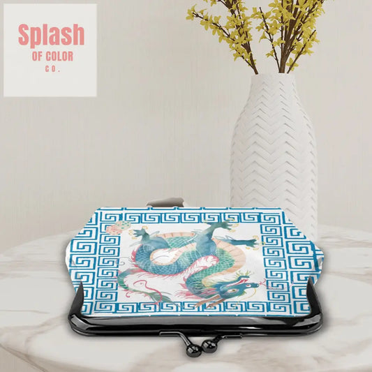Chinese Dragon Greek Key Teal Whimsical Modern Women’s Leather Kiss Lock Coin Purse - 4.5’’x4.1’’ - Wallet