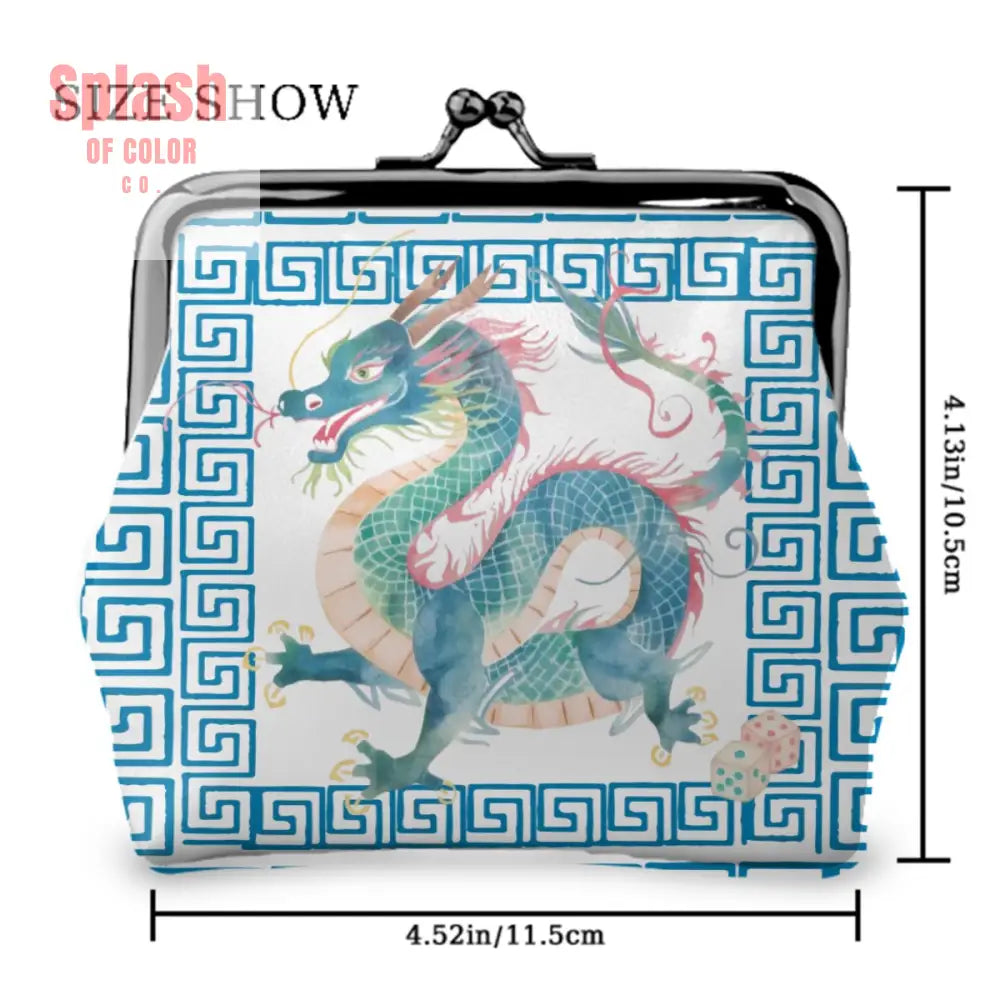 Chinese Dragon Greek Key Teal Whimsical Modern Women’s Leather Kiss Lock Coin Purse - 4.5’’x4.1’’ - Wallet