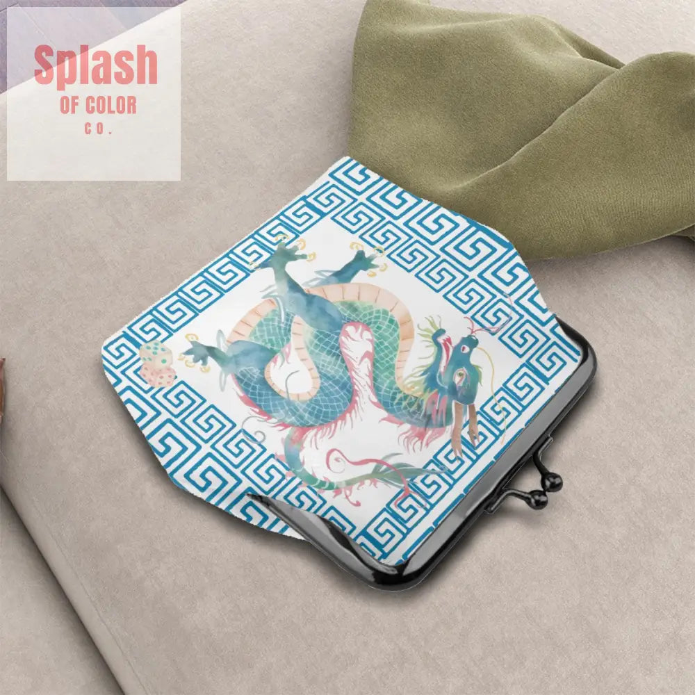 Chinese Dragon Greek Key Teal Whimsical Modern Women’s Leather Kiss Lock Coin Purse - 4.5’’x4.1’’ - Wallet