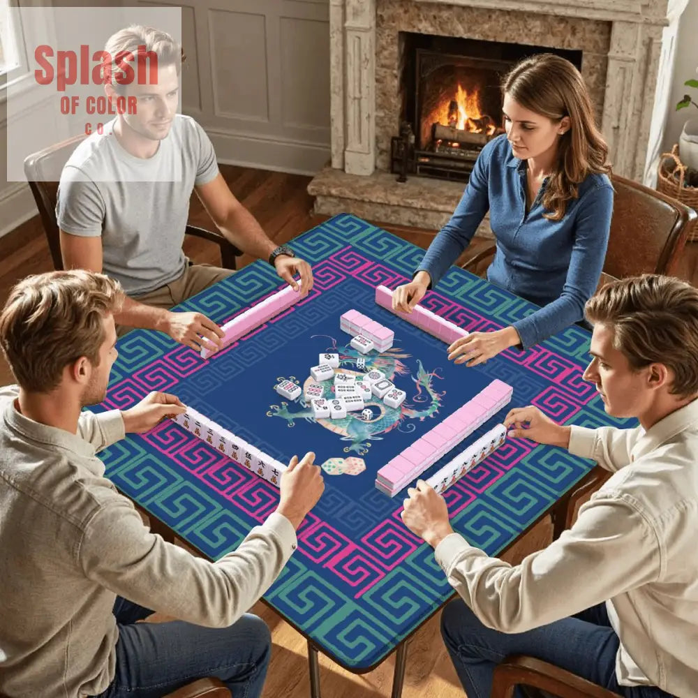 Chinese Dragon Royal Blue Hot Pink Teal Greek Key Border Mahjong Mat - Daily Accessories