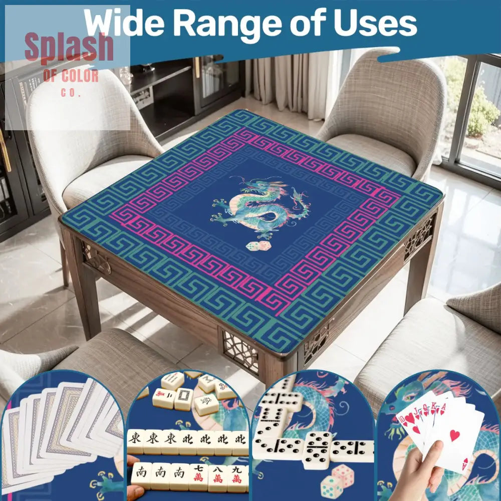 Chinese Dragon Royal Blue Hot Pink Teal Greek Key Border Mahjong Mat - Daily Accessories
