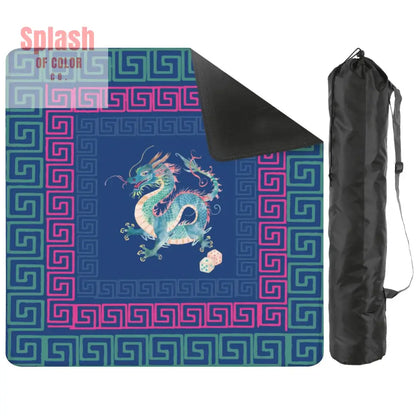 Chinese Dragon Royal Blue Hot Pink Teal Greek Key Border Mahjong Mat - 2mm (Black Bag) - Daily Accessories