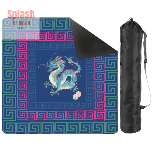 Chinese Dragon Royal Blue Hot Pink Teal Greek Key Border Mahjong Mat - 2mm (Black Bag) - Daily Accessories