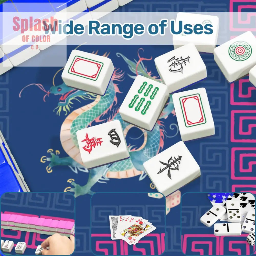 Chinese Dragon Royal Blue Hot Pink Teal Greek Key Border Mahjong Mat - Daily Accessories