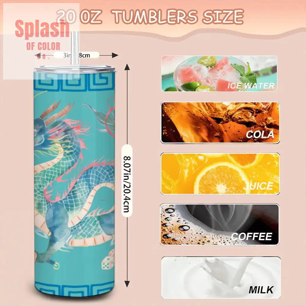 Chinese Watercolor Asian Dragon Mahjong Gift 20oz Straight Stainless Steel Tumbler with Straw - One Size - Drinkware