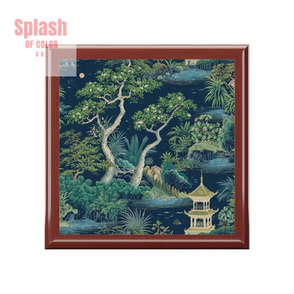 Chinoiserie Asian Designed Pagoda Blue Green Elegant Nature-Themed Jewelry Box - Red Mahogany / One size - Home Decor