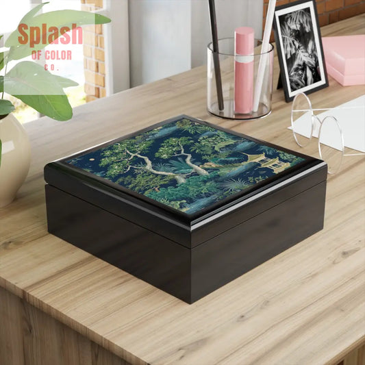 Chinoiserie Asian Designed Pagoda Blue Green Elegant Nature-Themed Jewelry Box - Ebony Black / One size - Home Decor
