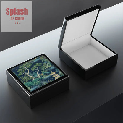 Chinoiserie Asian Designed Pagoda Blue Green Elegant Nature-Themed Jewelry Box - Home Decor