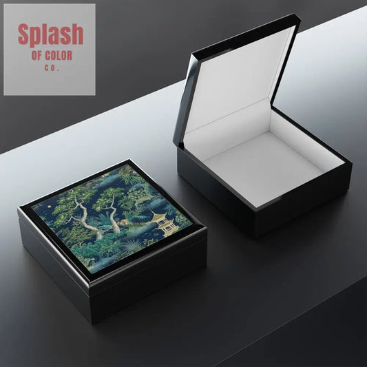 Chinoiserie Asian Designed Pagoda Blue Green Elegant Nature-Themed Jewelry Box - Home Decor