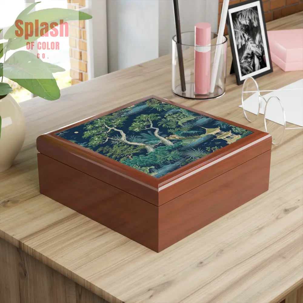 Chinoiserie Asian Designed Pagoda Blue Green Elegant Nature-Themed Jewelry Box - Home Decor